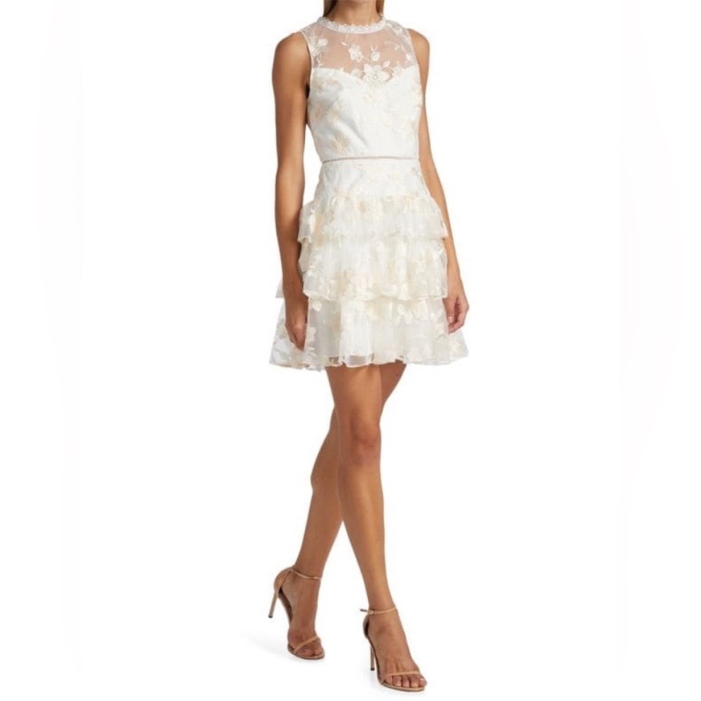 Monique Lhuillier Floral-Embroidery Tiered Cocktail Dress in Ivory Multi